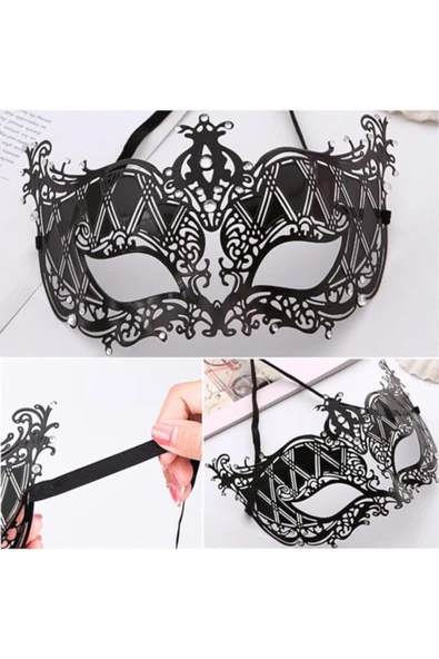 KUZGUN ONLİNE SHOP Kristal Gümüş Taşlı Siyah Lazer Kesim Metal Lüks Maske