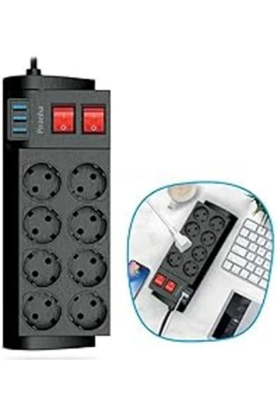 ADSHOME ® Isıya Dayanıklı Termal Akım Korumalı 2 Metre 16a 4000w 8li Priz Ve 3 Usb Li Uzatma Kablosu