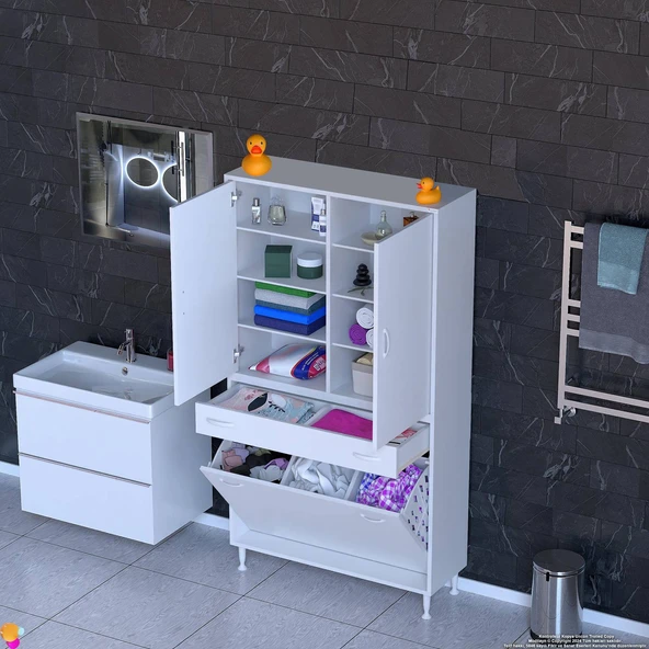 Modilayn YENİ AFRA 95x173x32,5 cm' lik 1 Çekmece, 3 Göz Sepet, 2 Kapak, 8 Raf Dar Alan Banyo Dolabı