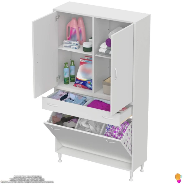 Modilayn YENİ AFRA 100x173x32,5 cm' lik 1 Çekmece, 3 Göz Sepet, 2 Kapak, 4 Raf Dar Alan Banyo Dolabı - Resim 5