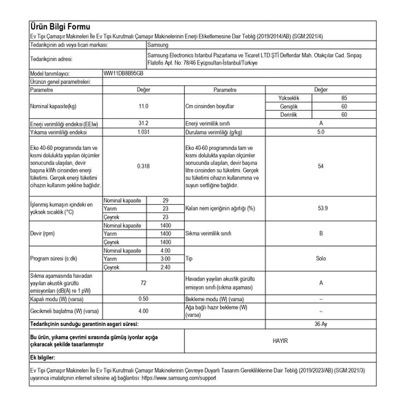 Samsung WW11DB8B95GBAH 1400 Devir 11 kg Çamaşır Makinesi - 3
