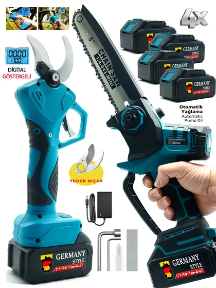 Germany Style Easycut  4 Akülü Dijital Ekran 40MM Budama Makinesi Dal Budama Testeresi İkili Set