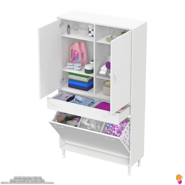 Modilayn YENİ AFRA 100x173x32,5 cm' lik 1 Çekmece, 3 Göz Sepet, 2 Kapak, 6 Raf Dar Alan Banyo Dolabı - Resim 5