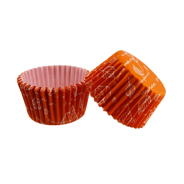 Cupcake Kalıbı Pet Kapsül  Kek Kalıbı 48X34 MM (100 Adet)  Turuncu Yaprak desenli