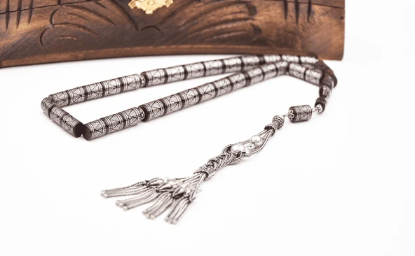 925 Ayar Gümüş Çakımlı Sıkma  Kehribar Tesbih ürün görseli 1