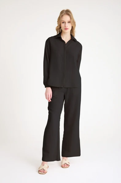 Yazlık Gömlek Pantolon İkili Siyah Keten Takım ürün görseli