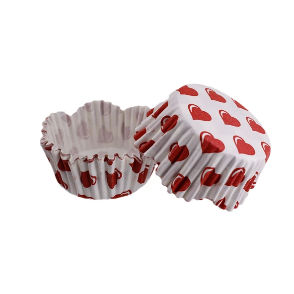 Cupcake Kalıbı Pet Kapsül Dalgalı Kek Kalıbı 65X38 MM (100 Adet)  Beyaza Kırmızı Kalp Desenli