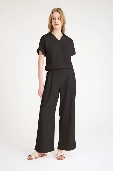 Yazlık Şık V Yaka Siyah Keten Takım - 2