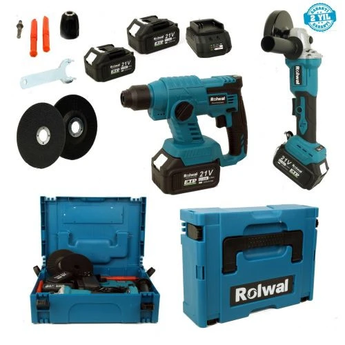 Rolwal Akülü Kırıcı Delici ve Avuç Taşlama Makinesi Seti 21V 4 Amper (A Kalite)