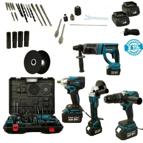 Rolwal Akülü El Aletleri Seti 21V 4 Amper - Şarjlı Hilti - Şarjlı Avuç Taşlama - Şarjlı Vidalama - Şarjlı Somun Sıkma (A Kalite)