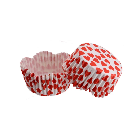 Cupcake Kalıbı Pet Kapsül Dalgalı Kek Kalıbı 65X38 MM (100 Adet)  Beyaza Sık Kalp Desen