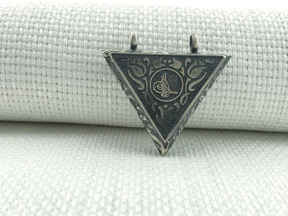 925 Ayar Gümüş Gül Desenli ve Osmanlı Tuğralı Muska Kabı Kolye Ucu - Resim 2