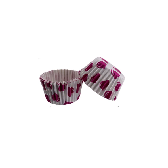 Kek Kalıbı Pet Kapsül 52X45 MM Kağıt Cupcake Kağıdı (100 Adet)  Beyaza Fuşya Kalpli
