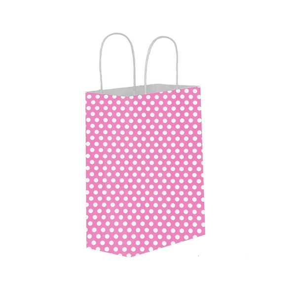Kağıt Hediye Çantası Puantiyeli Büyük Boy 25X31 CM (25 Adet)  Puantiyeli Pembe