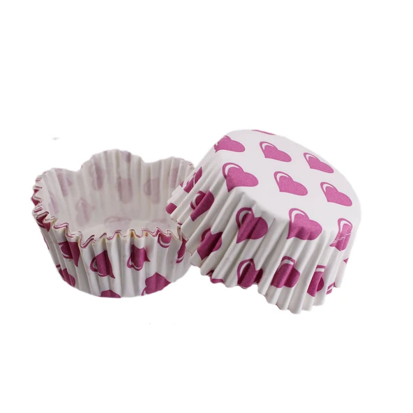 Cupcake Kalıbı Pet Kapsül Dalgalı Kek Kalıbı 65X38 MM (100 Adet)  Beyaza Fuşya Kalpli
