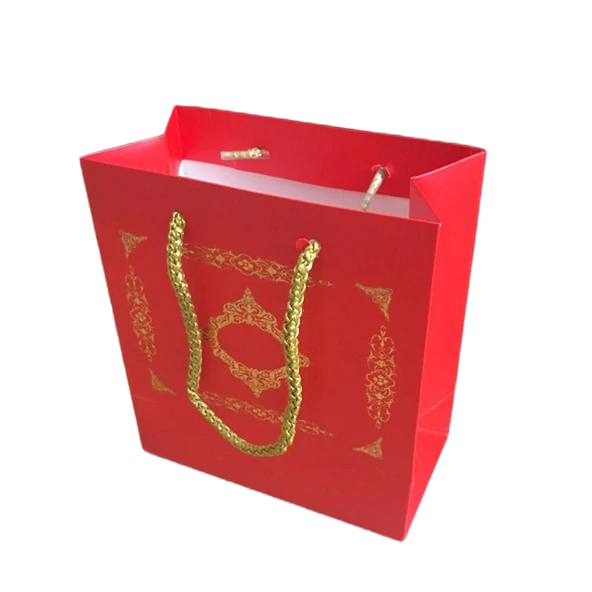 Karton İpsaplı Hediye Çantası Saray Desenli GOLD 15X17X8 10 Adet  Kırmızı