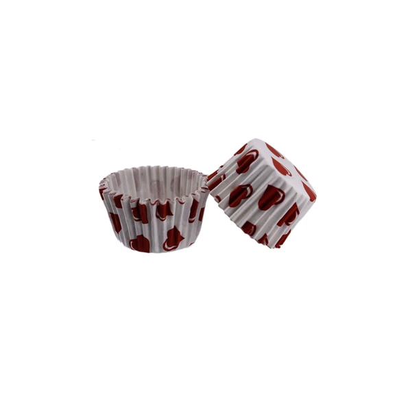 Kek Kalıbı Pet Kapsül 52X45 MM Kağıt Cupcake Kağıdı (100 Adet)  Bordo Kalp Desen