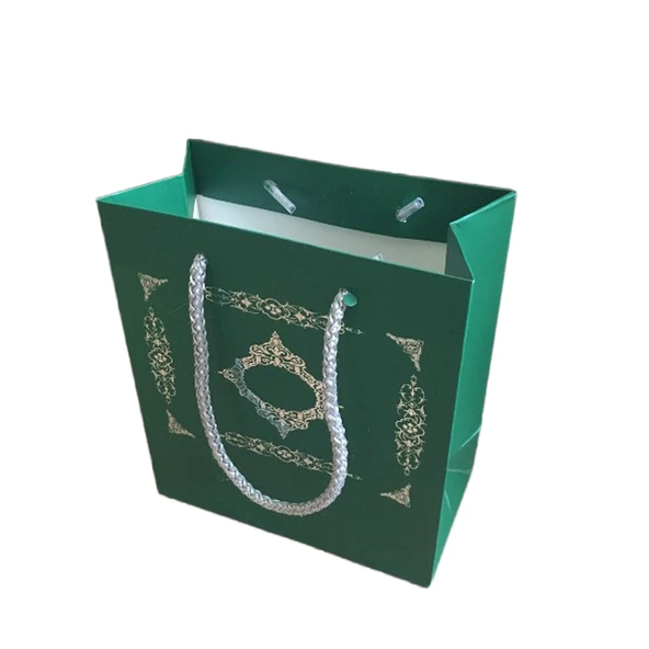 Karton İpsaplı Hediye Çantası Saray Desenli Gümüş 15X17X8 10 Adet  Yeşil