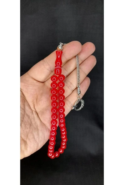 ÇUBUK KEHRİBAR TESBİH KIRMIZI RENK KÜRE KESİM T-434
