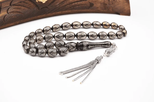 925 Ayar Gümüş Çakımlı Sıkma  Kehribar Tesbih ürün görseli 1