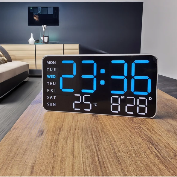 HD LED Ekranlı Pilli Adaptörlü 2 Alarmlı Sıcaklık Tarih Göstergeli Mavi Beyaz Fonksiyonel Duvar Masa Saati - 2