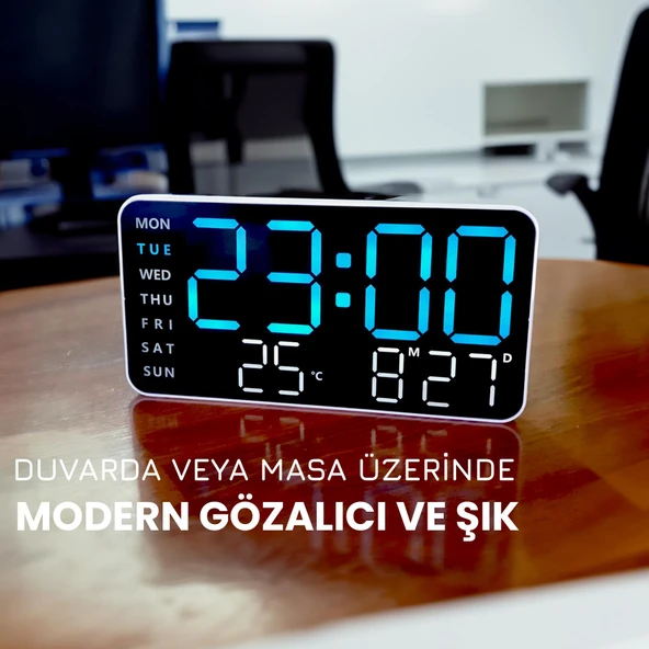 HD LED Ekranlı Pilli Adaptörlü 2 Alarmlı Sıcaklık Tarih Göstergeli Mavi Beyaz Fonksiyonel Duvar Masa Saati - 4