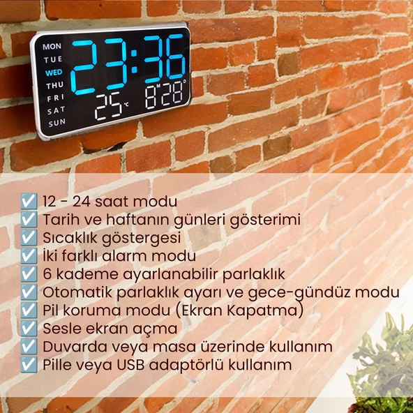 HD LED Ekranlı Pilli Adaptörlü 2 Alarmlı Sıcaklık Tarih Göstergeli Mavi Beyaz Fonksiyonel Duvar Masa Saati - 5