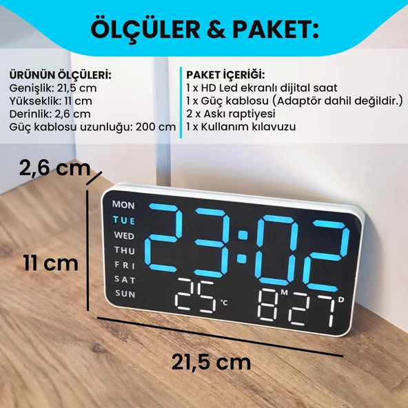 HD LED Ekranlı Pilli Adaptörlü 2 Alarmlı Sıcaklık Tarih Göstergeli Mavi Beyaz Fonksiyonel Duvar Masa Saati - 8