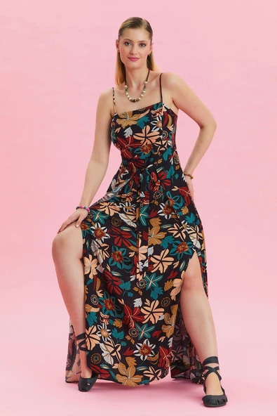 Askılı Belden Bağlamalı Elbise - Resim 3