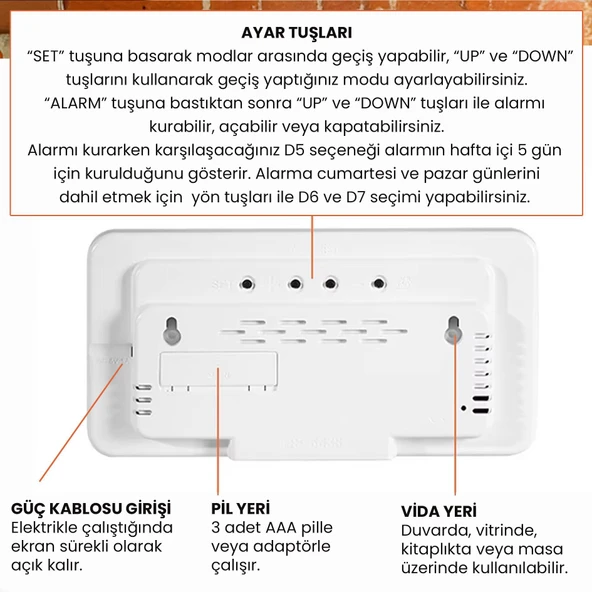 HD LED Ekranlı Pilli Adaptörlü 2 Alarmlı Sıcaklık Tarih Göstergeli Mavi Beyaz Fonksiyonel Duvar Masa Saati - 6