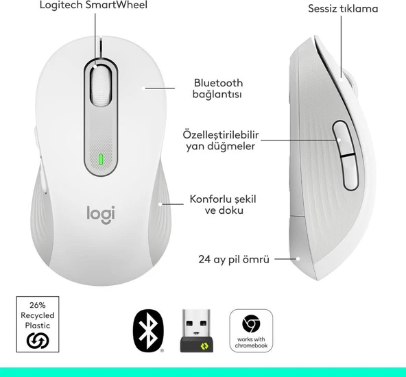 Logitech M650 Signature 910-006255 Beyaz Sessiz Küçük Boy Sağ El Kablosuz Mouse Outlet - 6