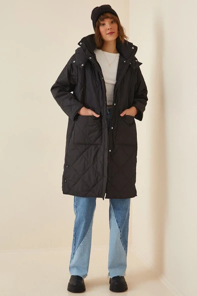 Kadın Siyah Kapüşonlu Kapitone Oversize Kaban Fn02916 - 3