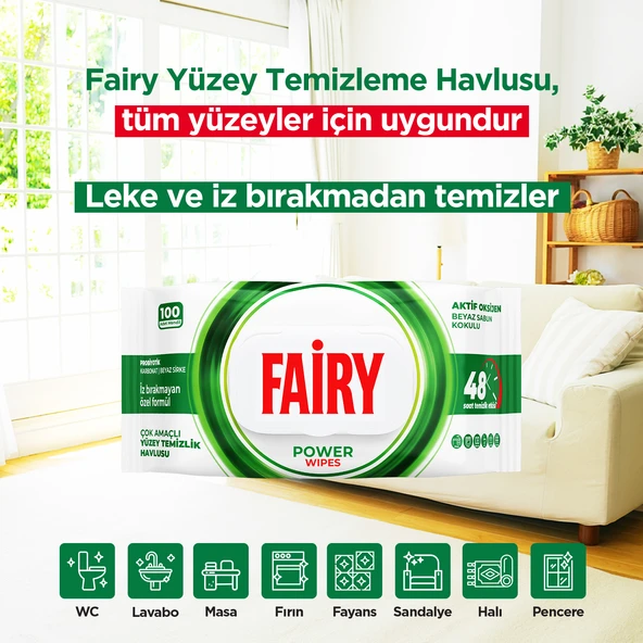 Fairy Power Wipes Aktif Oksijen Yüzey Temizleme Mendili 100 Yaprak | Beyaz Sabun | Beyaz Sirke & Karbonat - 2