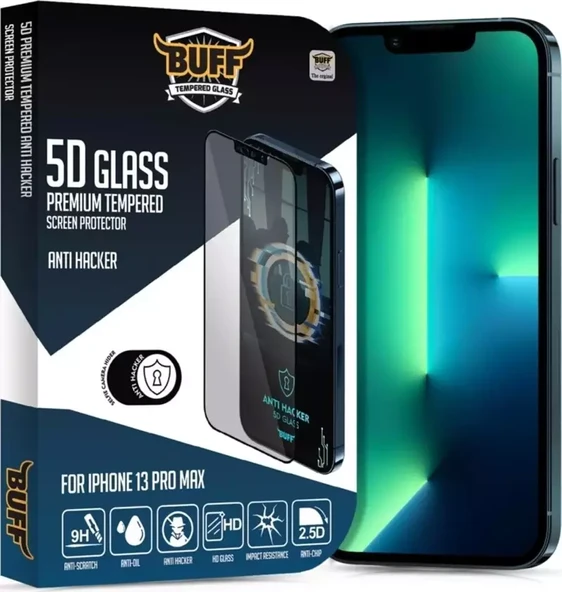 Buff Labs Buff Iphone 13 Pro Max Uyumlu 5D Glass Anti Hacker Ekran Koruyucu