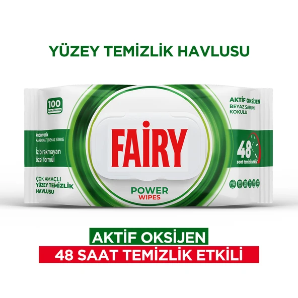 Fairy Power Wipes Aktif Oksijen Yüzey Temizleme Mendili 100 Yaprak | Beyaz Sabun | Beyaz Sirke & Karbonat