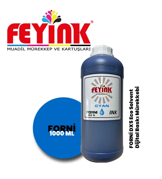 Feyink  Forni Ecosolvent Dijital Baskı Mürekkebi Epson DX5 Kafa Uyumlu Cyan (Mavi) -1000ml-