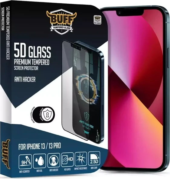 Buff Labs Buff Iphone 13/13 Pro 5D Uyumlu Glass Anti Hacker Ekran Koruyucu
