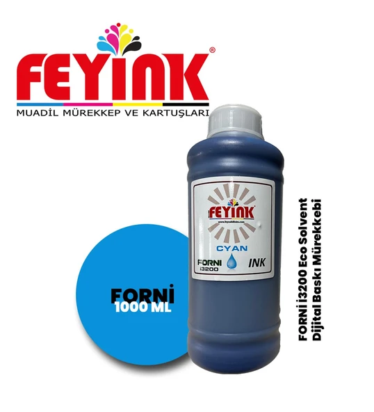 Feyink  Forni Ecosolvent Dijital Baskı Mürekkebi Epson İ3200 Kafa Uyumlu Cyan (Mavi) -1000ml-