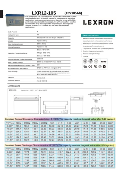 Lexron 105A - 12V Jel Akü - 2