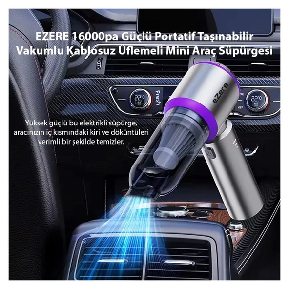 EZERE 16000pa Güçlü Portatif Tasinabilir Vakumlu Kablosuz Üflemeli Mini Araç Süpürgesi - 2
