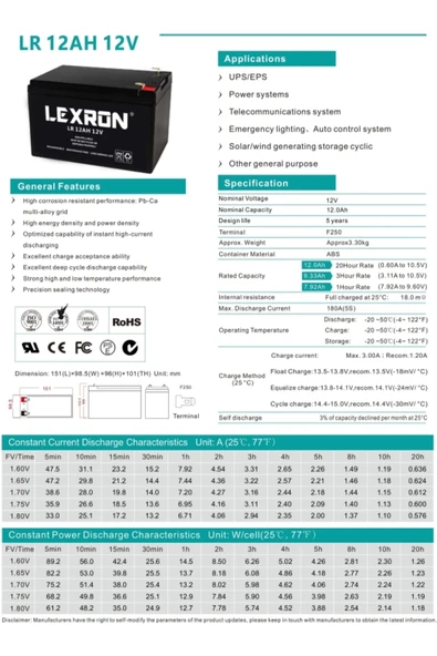 Lexron 12A - 12V  Kuru Tip Akü (Agm Akü) - 2