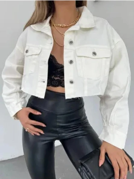 Kadın Beyaz Pamuklu Crop Kot Ceket - 2