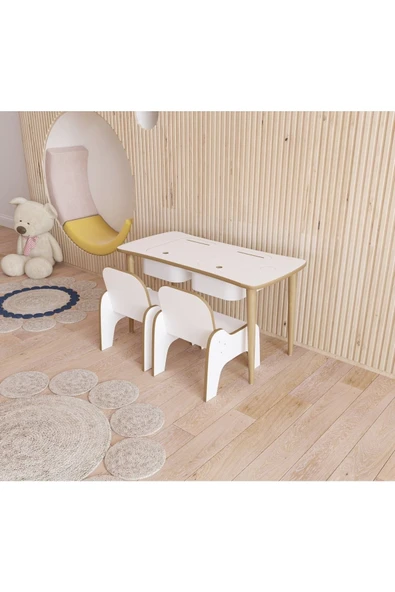 Fahrettin Küçük Montessori 2 Çekmeceli Aktivite Oyun Çalışma Masası 2 Adet Koltuklu - 2