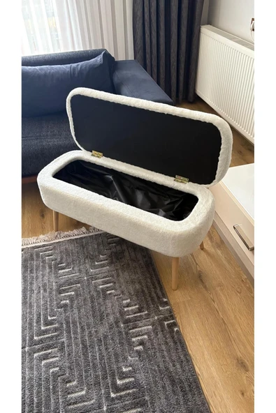 Fahrettin Küçük OSLO Wellsoft Kırık Beyaz Sandıklı Puf Kedi Yatağı Makyaj Masası Pufu Salon Pufu Orta Sehpa - 6