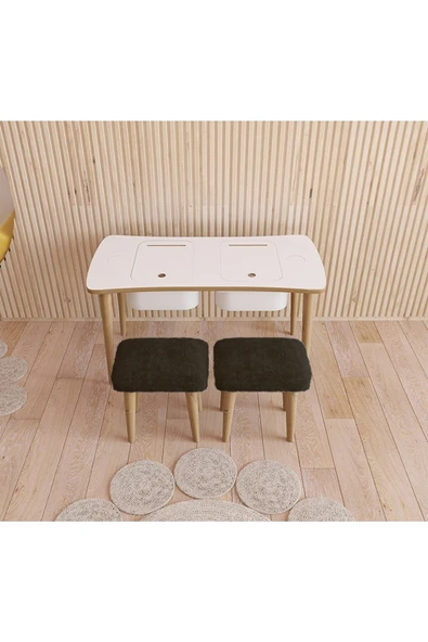 Fahrettin Küçük Montessori Çocuk Masası Oyun Masası Aktivite Masası Çalışma Masa 2 Adet Welsoft Siyah Puflu Tabureli - 2