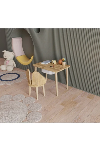Fahrettin Küçük Montessori Çocuk Masası Oyun Masası Aktivite Masası Çalışma Masası Çekmeceli Sandalyeli - 2