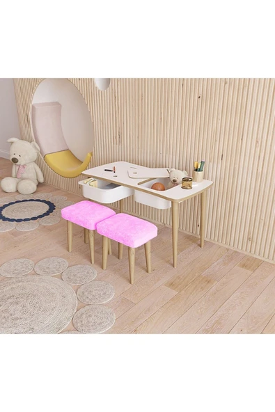 Fahrettin Küçük Montessori Çocuk Masası Oyun Masası Aktivite Masası Çalışma Masası - 2 Adet Welsoft Pembe Puflu - 3