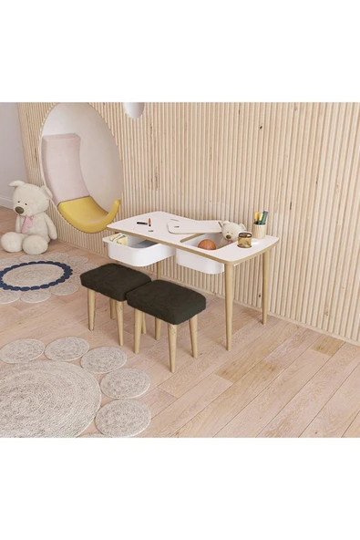 Fahrettin Küçük Montessori Çocuk Masası Oyun Masası Aktivite Masası Çalışma Masa 2 Adet Welsoft Siyah Puflu Tabureli