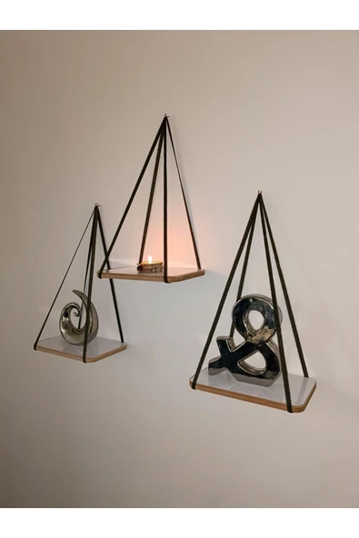 Fahrettin Küçük Duvar Rafı Ipli Mumluk Şeritli Raf Kitaplık Aksesuar Rafı Anahtarlık 3'lü