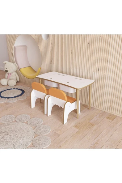 Fahrettin Küçük Montessori Çocuk Masası Oyun Masası Aktivite Masası Çalışma Masası - 2 Adet Puflu Sandalyeli - 2